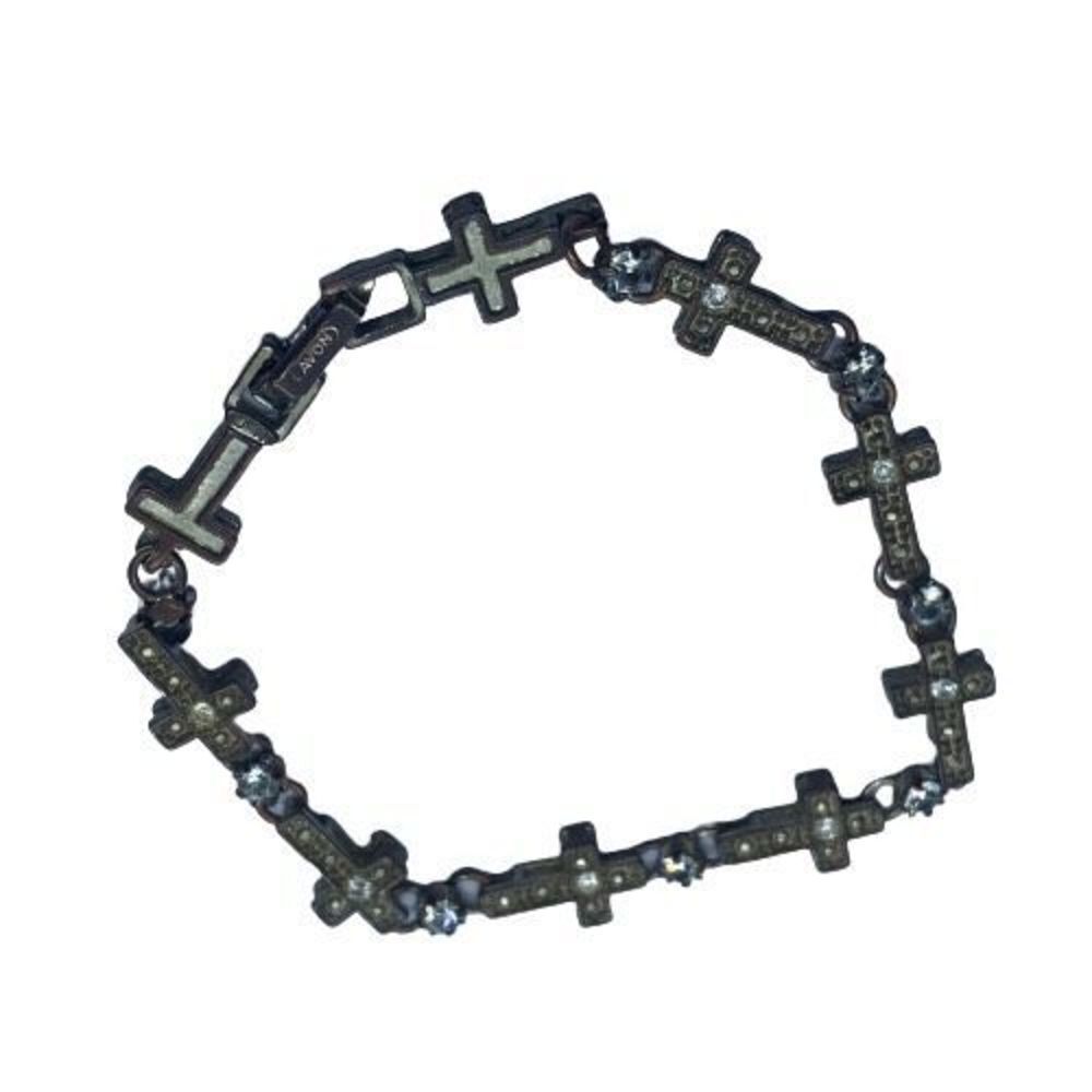 **FLAWS** Avon Vintage Brass & Rhinestone Cross Link  7” Bracelet